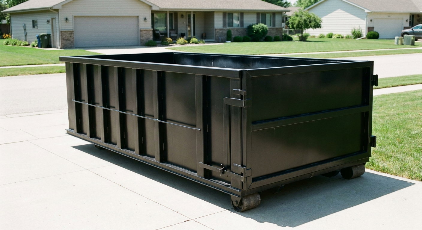 Matte-black 10-yard roll-off dumpster on a residential concrete driveway in Boynton Beach, uniformly painted matte black across every panel and rail, ribbed steel sidewalls and rear swing door visible, mid-day daylight.