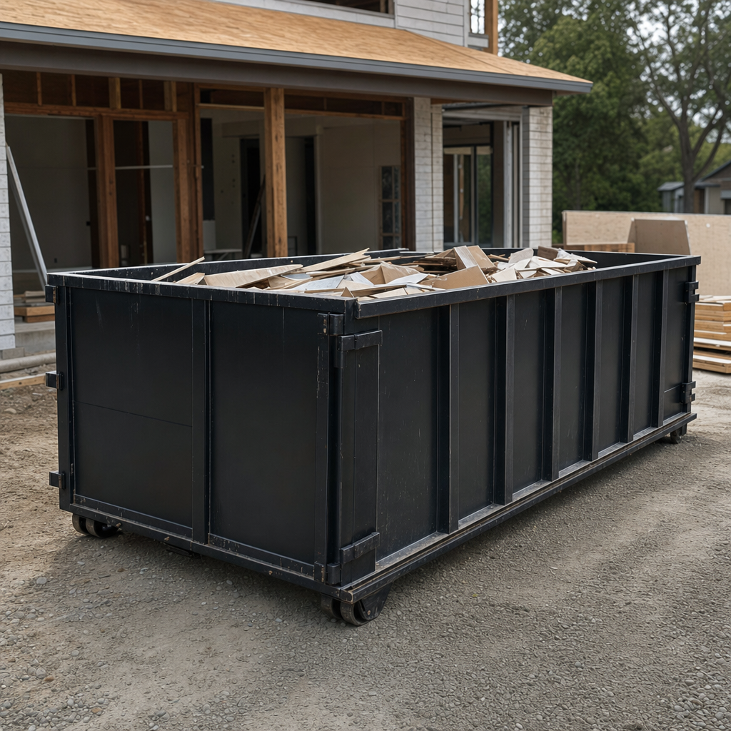 Large matte-black 30-yard construction roll-off dumpster at an active Boynton Beach jobsite, steel-gray top rails and bottom rollers visible, loaded with construction debris.