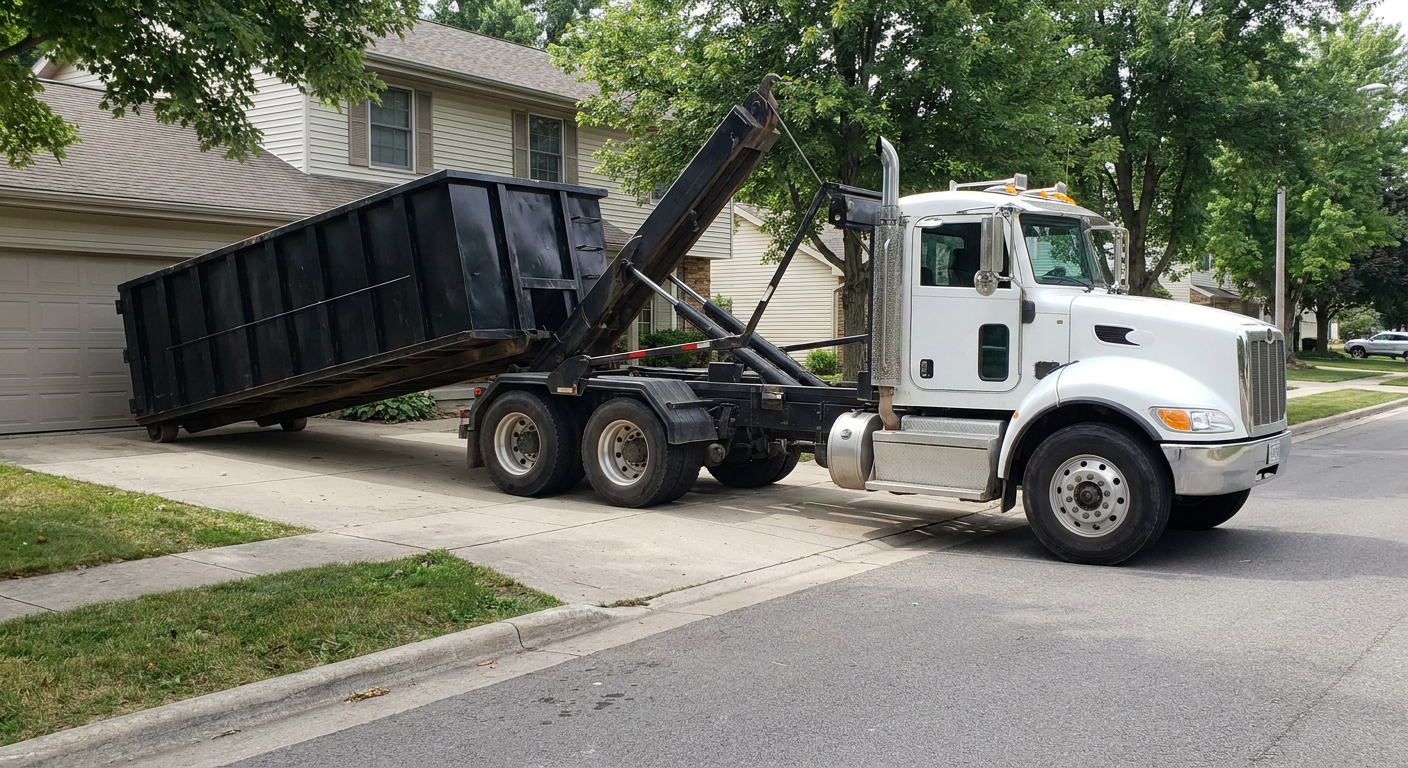 White-cab hooklift roll-off truck actively lowering a matte-black dumpster onto a Boynton Beach residential concrete driveway, the dumpster's rear wheels touching the driveway as the hoist arm tilts the bed forward, mid-morning daylight.